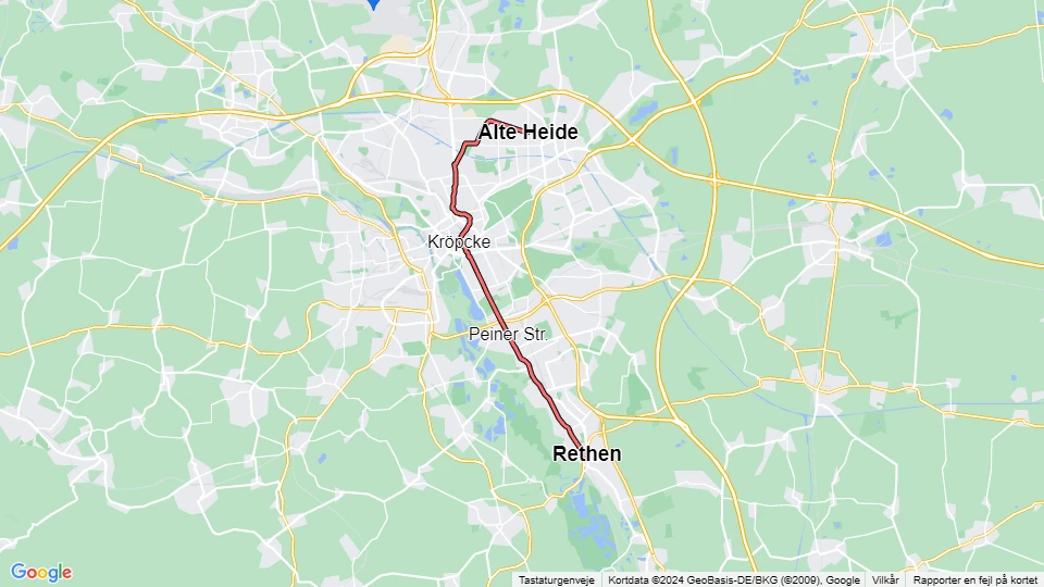 Hannover tram line 2: Alte Heide - Rethen Steinfeld route map