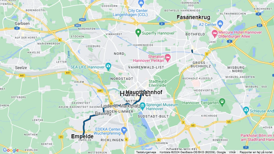 Hannover tram line 9: Fasanenkrug - Hauptbahnhof route map