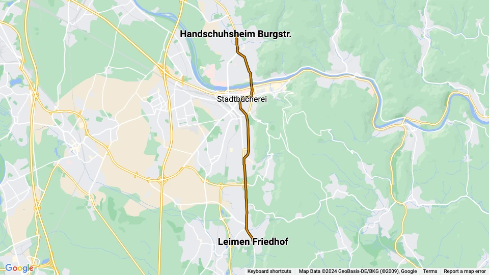 Heidelberg tram line 23: Handschuhsheim Burgstr. - Leimen Friedhof route map
