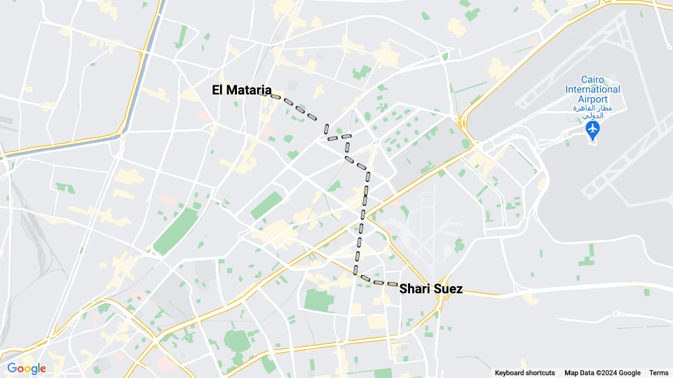 Heliopolis, Cairo tram line 36: El Mataria - Shari Suez route map