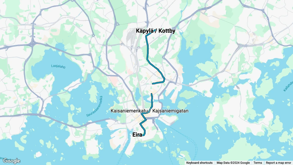 Helsinki extra line 1: Eira - Käpylä / Kottby route map