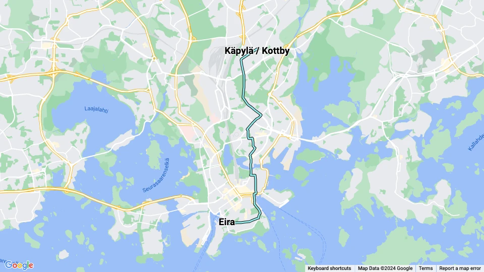 Helsinki extra line 1A: Eira - Käpylä / Kottby route map