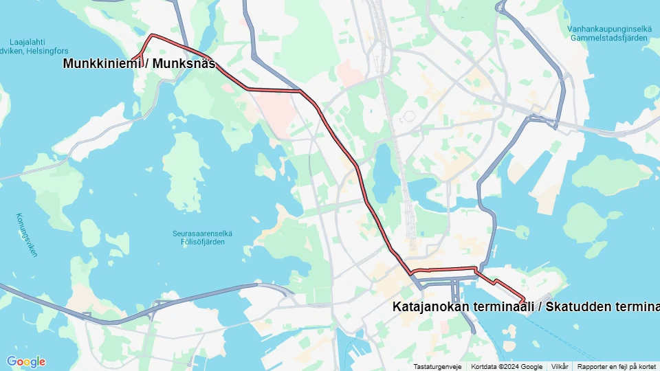 Helsinki extra line 4T: Munkkiniemi / Munksnäs - Katajanokan terminaali/Skatudden terminal route map