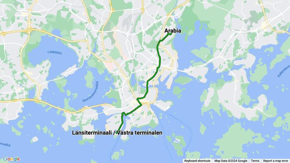 Helsinki extra line 6T: Arabia - Länsiterminaali / Västra terminalen route map