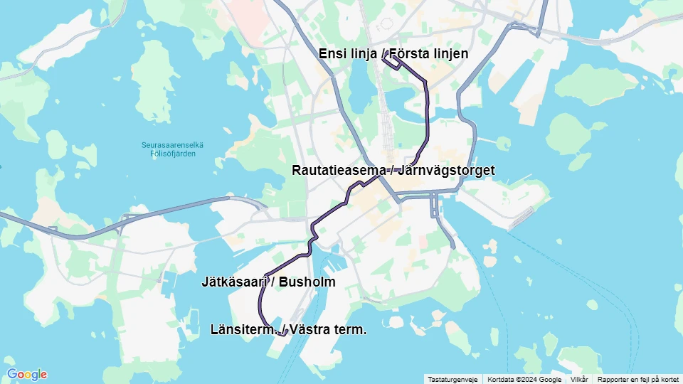 Helsinki extra line 9B: Länsiterm. / Västra term. - Ensi linja / Första linjen route map