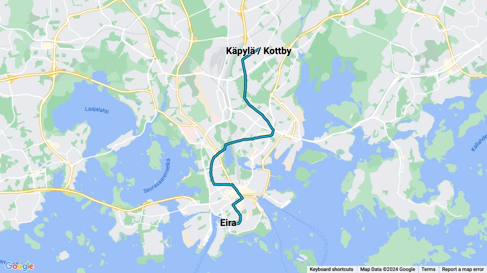 Helsinki tram line 1: Eira - Käpylä / Kottby route map