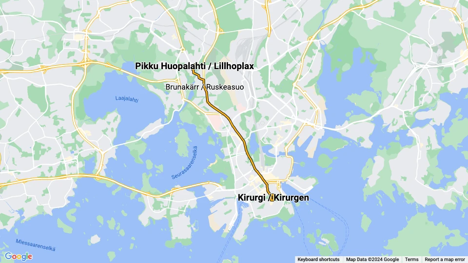Helsinki tram line 10: Kirurgi / Kirurgen - Pikku Huopalahti / Lillhoplax route map