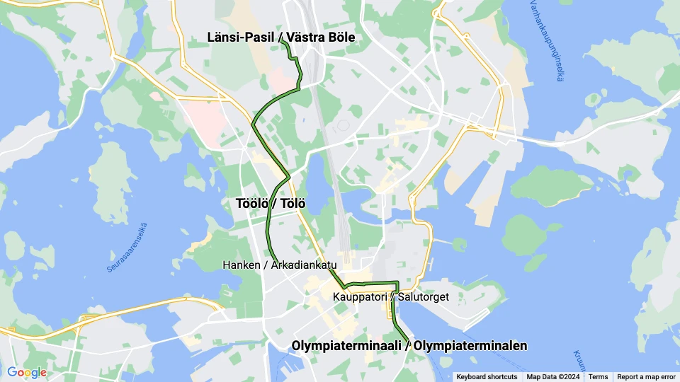 Helsinki tram line 2: Olympiaterminaali / Olympiaterminalen - Länsi-Pasil / Västra Böle route map