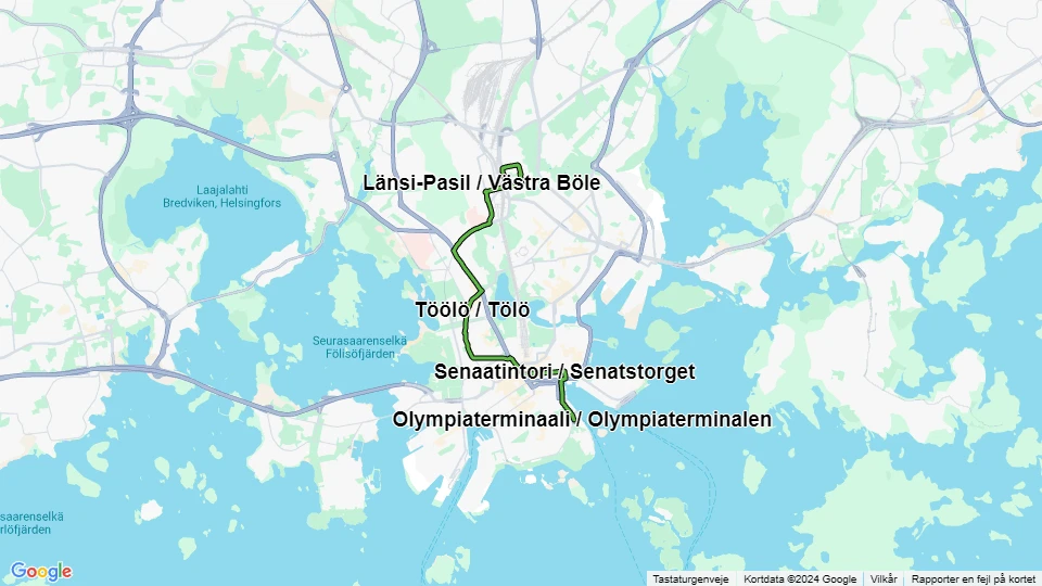 Helsinki tram line 2: Olympiaterminaali / Olympiaterminalen - Messukeskus / Mässcentrum route map