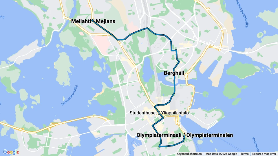 Helsinki tram line 3: Olympiaterminaali / Olympiaterminalen - Meilahti / Mejlans route map