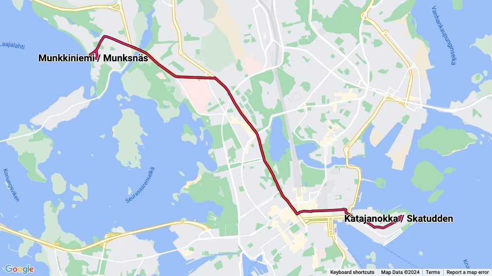 Helsinki tram line 4: Katajanokka / Skatudden - Munkkiniemi / Munksnäs route map