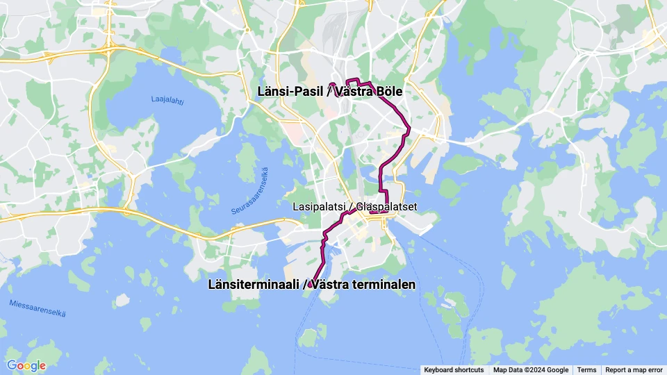 Helsinki tram line 7: Länsi-Pasil / Västra Böle - Länsiterminaali / Västra terminalen route map