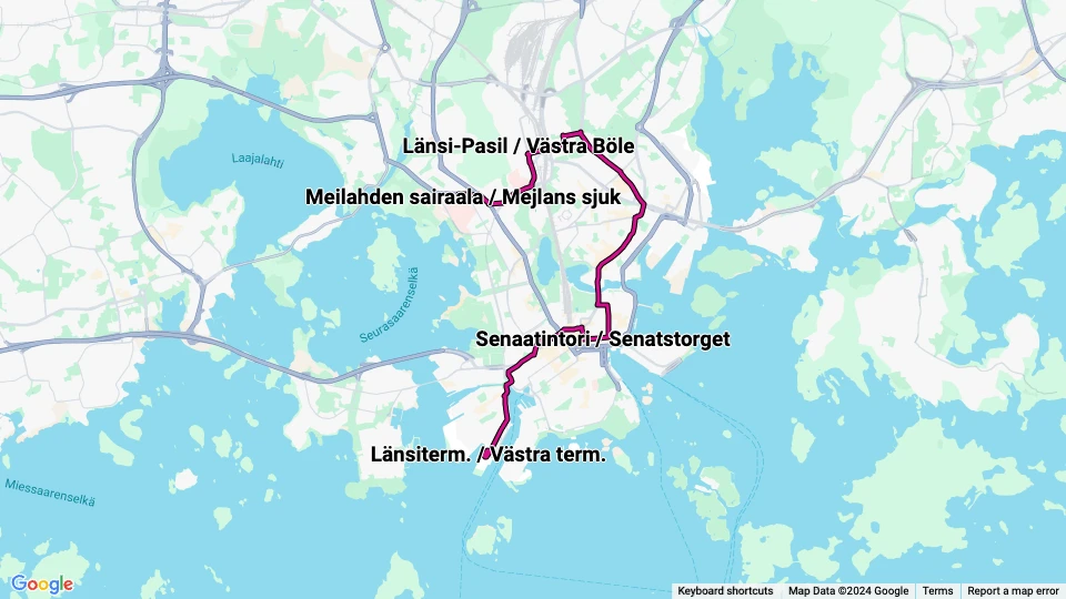 Helsinki tram line 7: Meilahden sairaala / Mejlans sjuk - Länsiterm. / Västra term. route map