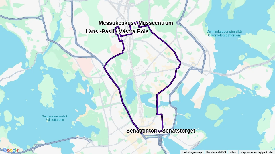 Helsinki tram line 7B: Länsi-Pasil / Västra Böle - Senaatintori / Senatstorget route map