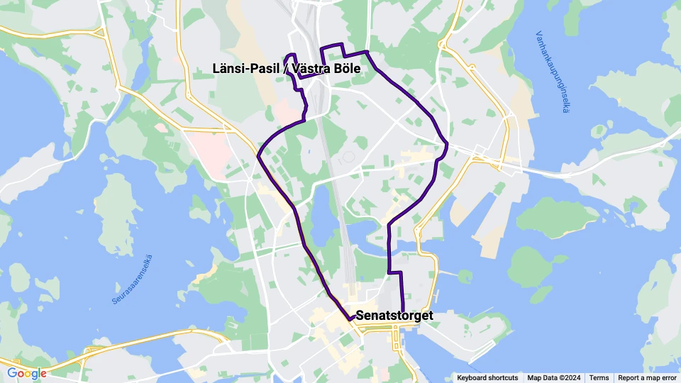 Helsinki tram line 7B: Länsi-Pasil / Västra Böle - Senatstorget route map