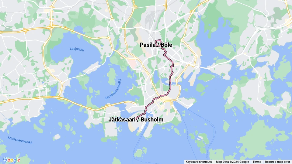 Helsinki tram line 9: Jätkäsaari / Busholm - Pasila / Böle route map