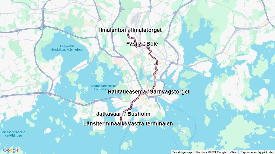 Helsinki tram line 9: Länsiterminaali / Västra terminalen - Ilmalantori / Ilmalatorget route map