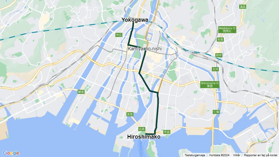 Hiroshima tram line 7: Hiroshimako - Yokogawa route map