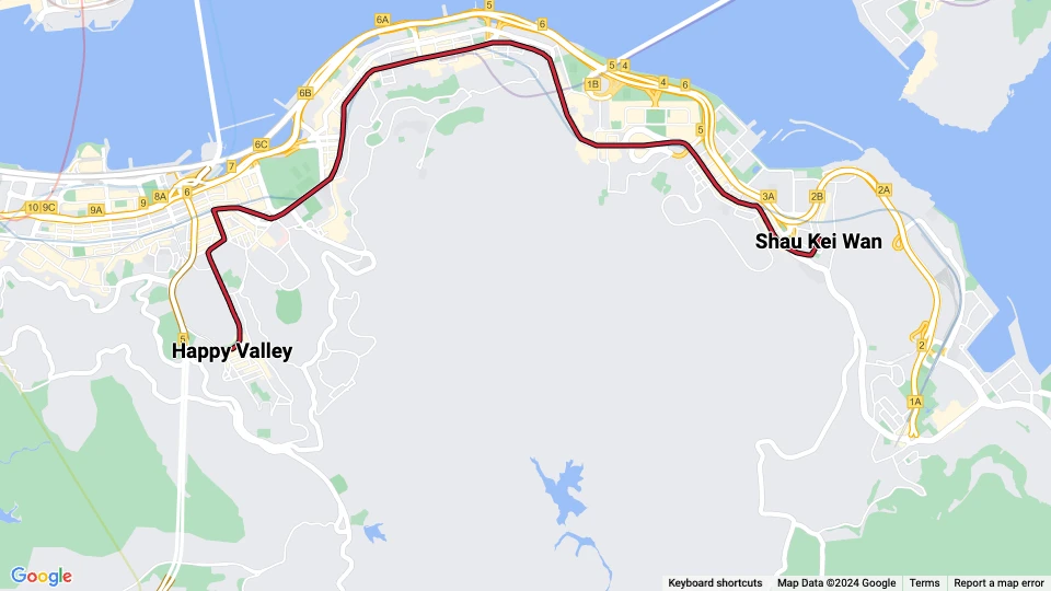 Hong Kong tram line 2: Shau Kei Wan - Happy Valley route map