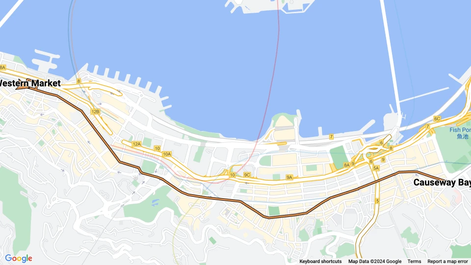 Hong Kong tram line 4: Western Market - Causeway Bay route map