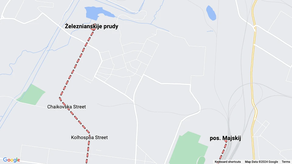 Horlivka tram line 1: Żeleznianskije prudy - pos. Majskij route map