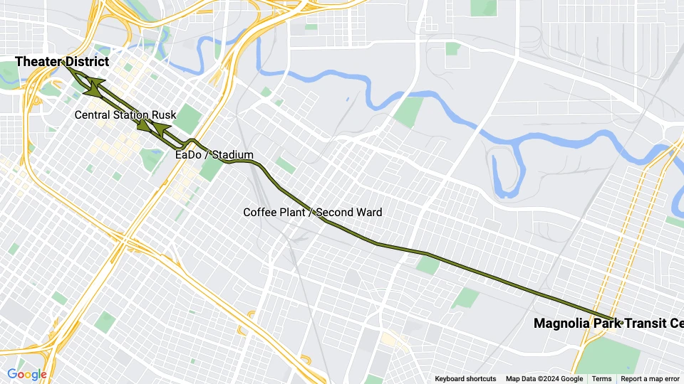 Houston tram line Green: Theater District - Magnolia Park Transit Center route map