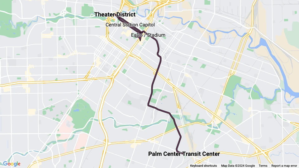Houston tram line Purple: Theater District - Palm Center Transit Center route map