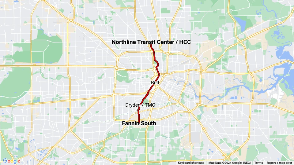 Houston tram line Red: Northline Transit Center / HCC - Fannin South route map