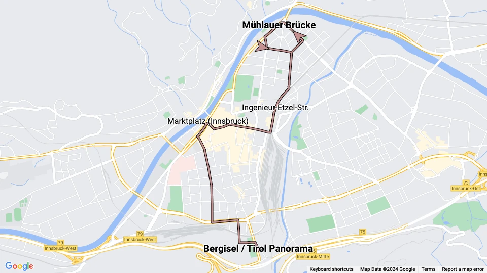 Innsbruck tram line 1: Mühlauer Brücke - Bergisel / Tirol Panorama route map