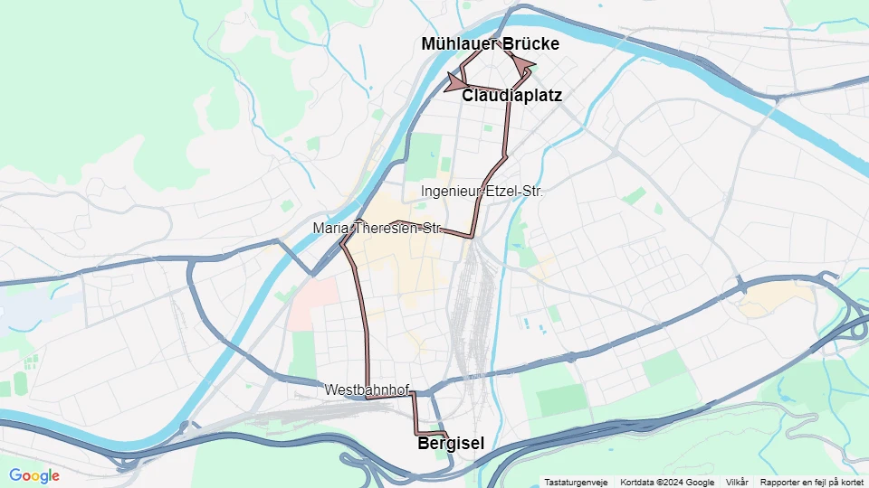 Innsbruck tram line 1: Mühlauer Brücke - Bergisel route map