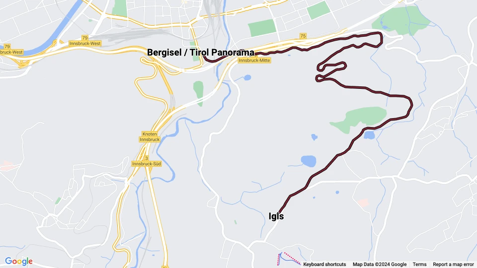 Innsbruck tram line 6: Bergisel / Tirol Panorama - Igls route map