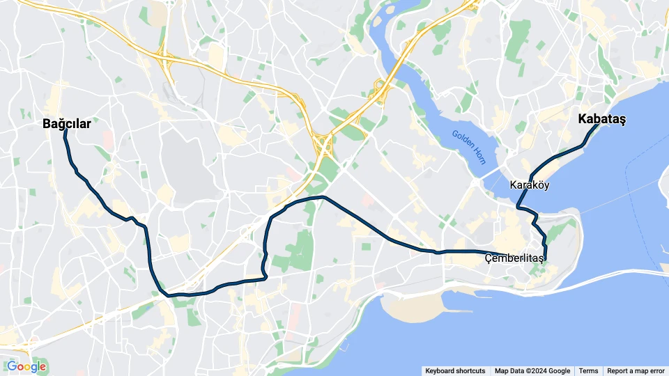 Istanbul regional line T1: Kabataş - Bağcılar route map