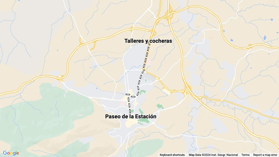 Jaén tram line 1: Paseo de la Estación - Talleres y cocheras route map