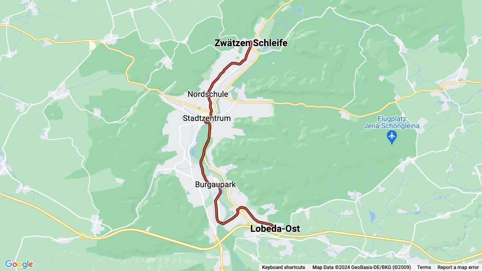 Jena tram line 1: Lobeda-Ost - Zwätzen Schleife route map