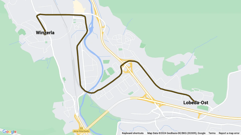 Jena tram line 3: Lobeda-Ost - Winzerla route map