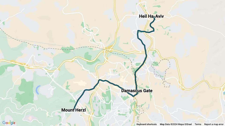 Jerusalem light rail line L1: Heil Ha-Aviv - Mount Herzl route map