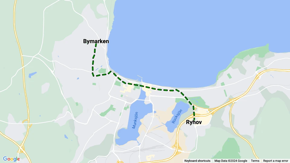 Jönköping tram line Green: Ryhov - Bymarken route map