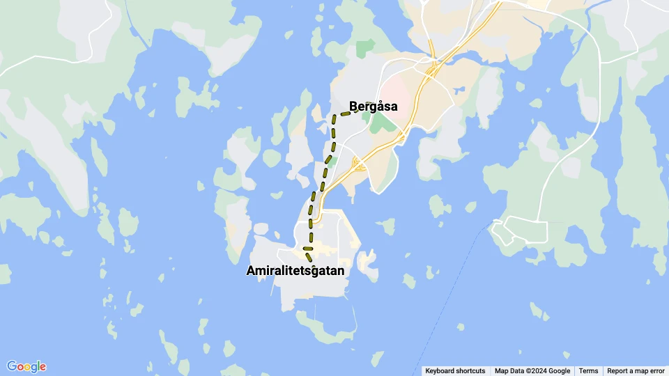 Karlskrona tram line: Amiralitetsgatan - Bergåsa route map