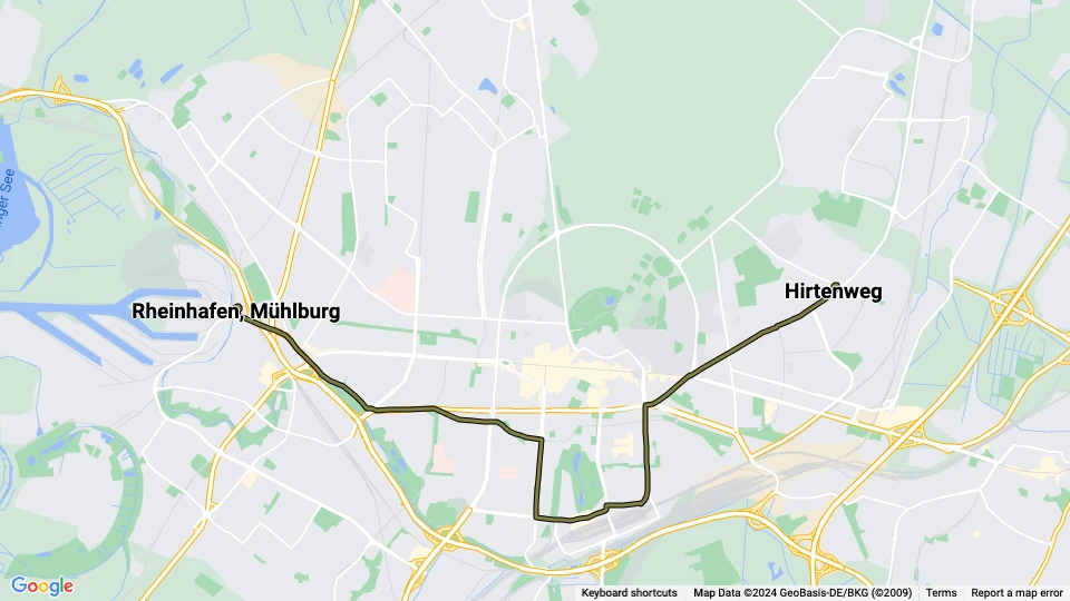 Karlsruhe extra line 19: Rheinhafen, Mühlburg - Hirtenweg route map