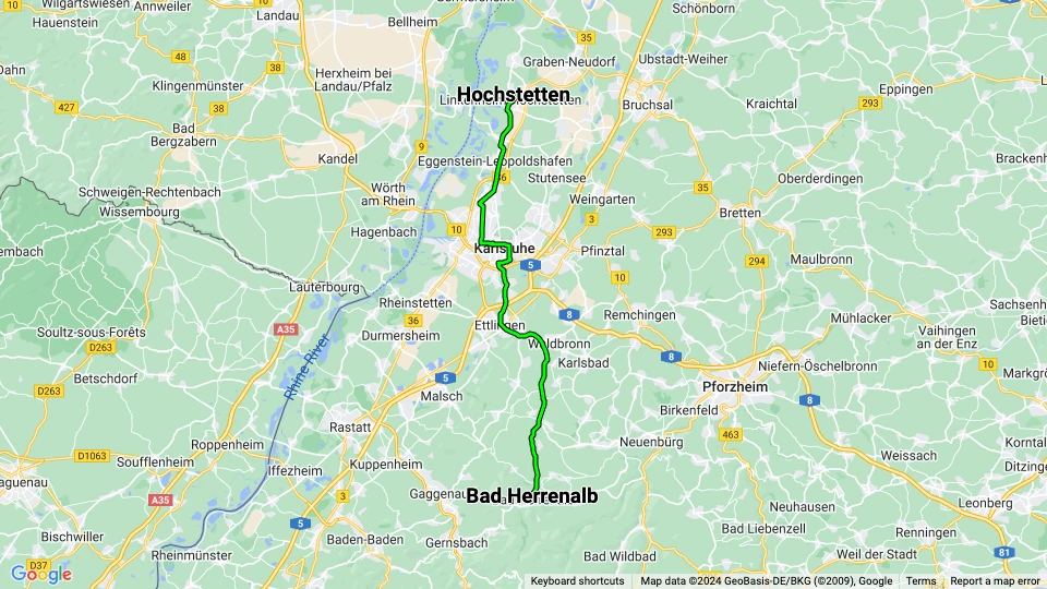 Karlsruhe regional line S1: Hochstetten - Bad Herrenalb route map