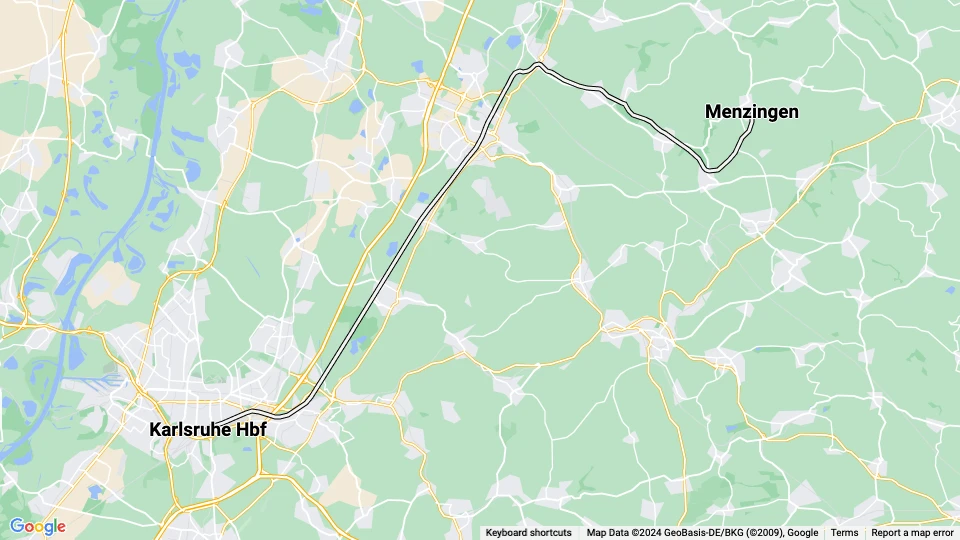 Karlsruhe regional line S32: Karlsruhe Hbf - Menzingen route map