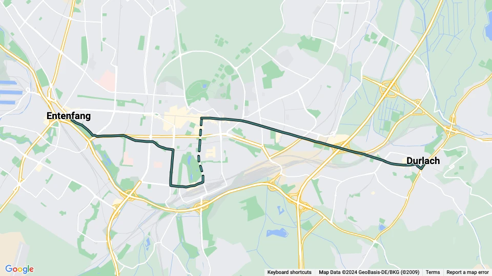 Karlsruhe tram line 29: Durlach - Entenfang route map
