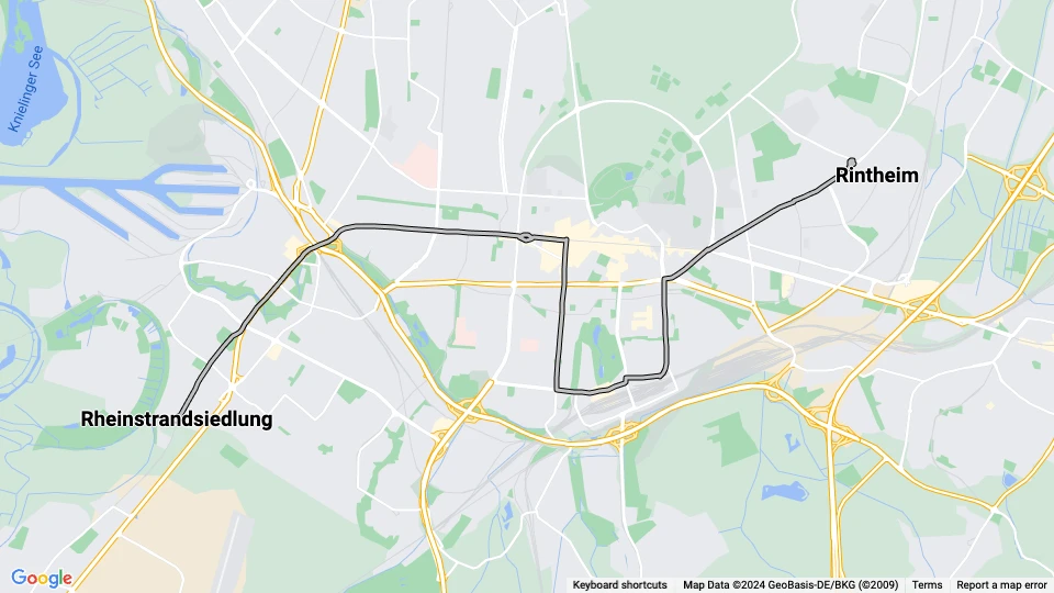 Karlsruhe tram line 7: Rintheim - Rheinstrandsiedlung route map