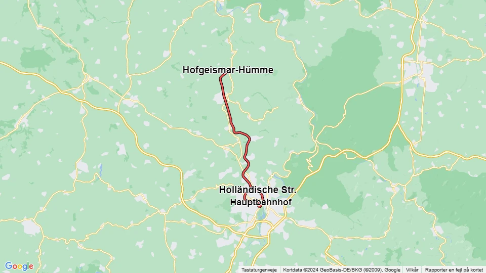 Kassel regional line RT1: Holländische Str. - Hofgeismar-Hümme route map