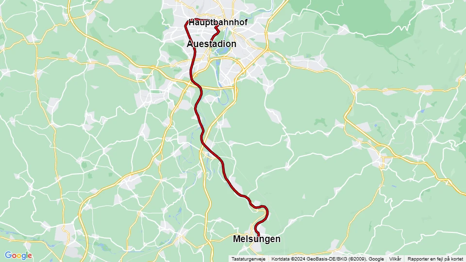 Kassel regional line RT5: Melsungen - Auestadion route map