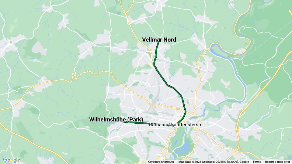Kassel tram line 1: Wilhelmshöhe (Park) - Vellmar Nord route map