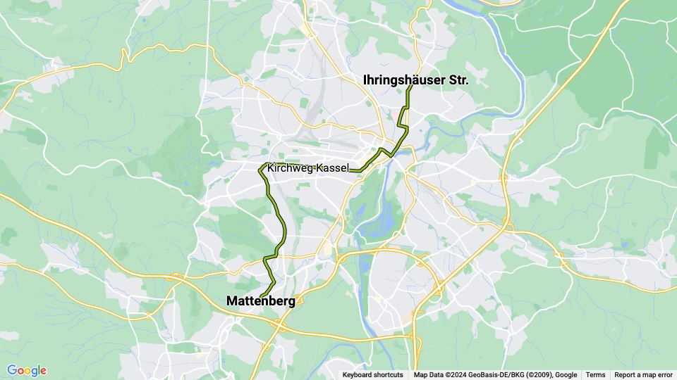 Kassel tram line 3: Mattenberg - Ihringshäuser Str. route map