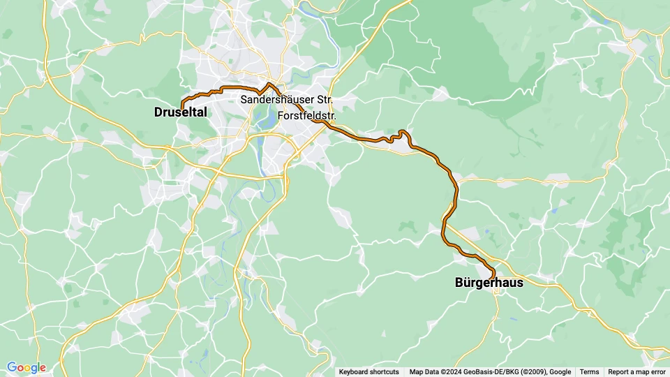 Kassel tram line 4: Druseltal - Bürgerhaus route map