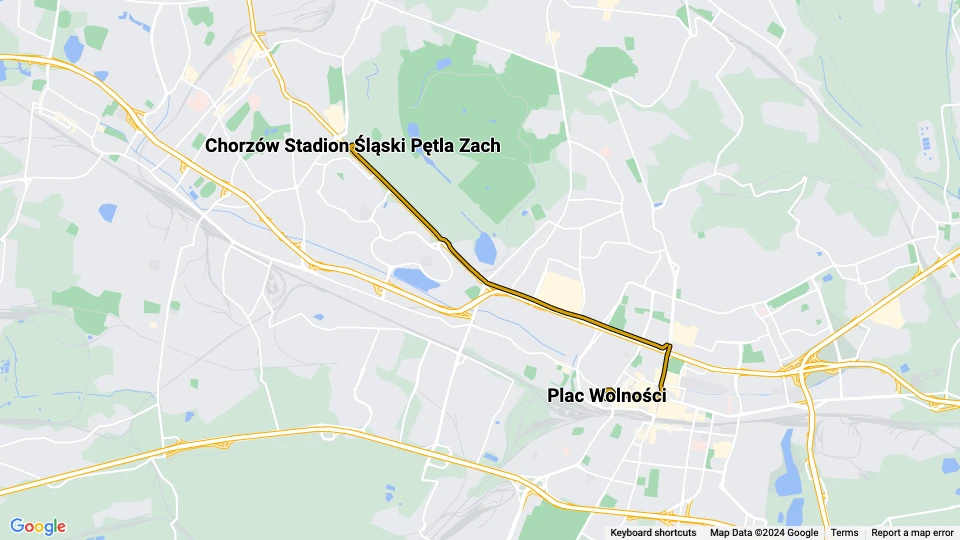 Katowice tram line T0: Plac Wolności - Chorzów Stadion Śląski Pętla Zach route map