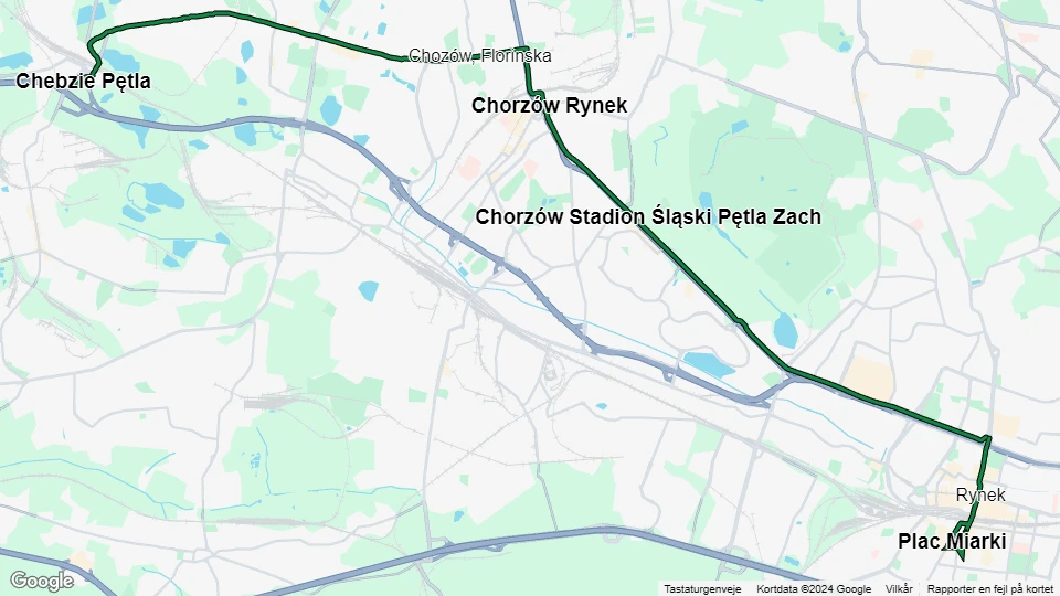 Katowice tram line T11: Plac Miarki - Chebzie Pętla route map